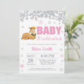 Deer Winter Pink Girl Baby shower Snowflake Kaart (Staand voorkant)
