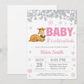 Deer Winter Pink Girl Baby shower Snowflake Kaart (Voorkant / Achterkant)