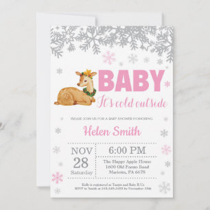 Deer Winter Pink Girl Baby shower Snowflake Kaart