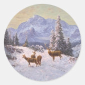 Deer with herd in de winter, ronde sticker (Voorkant)