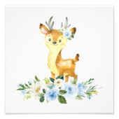Deer, Woodland Animals, Boho, Blue Flowers Foto Afdruk (Voorkant)