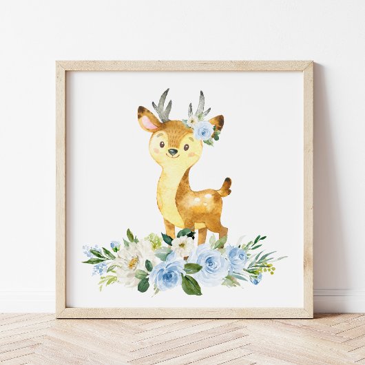 Deer, Woodland Animals, Boho, Blue Flowers Foto Afdruk