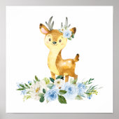 Deer, Woodland Animals, Boho, Blue Flowers Poster (Voorkant)