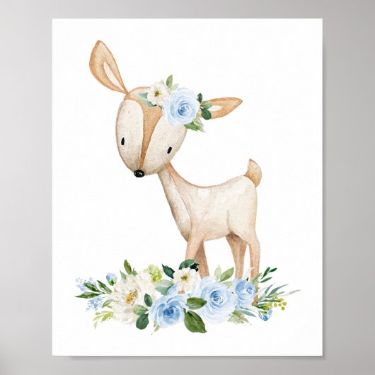 Deer, Woodland Animals, Boho, Blue Flowers Poster (Voorkant)