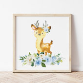Deer, Woodland Animals, Boho, Blue Flowers Poster