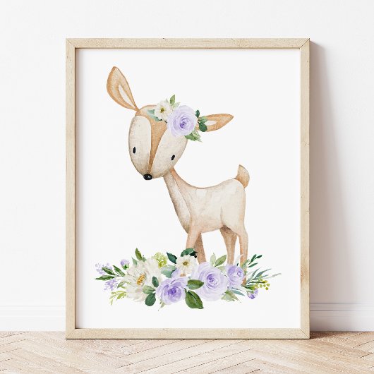 Deer, Woodland Animals, Boho, Purple Flowers Foto Afdruk