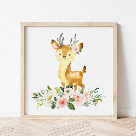 Deer, Woodland Animals, Boho, Roze Bloemen Foto Afdruk