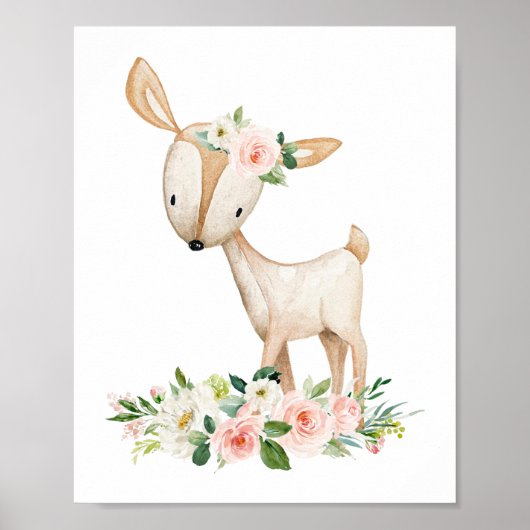 Deer, Woodland Animals, Boho, Roze Bloemen Poster (Voorkant)