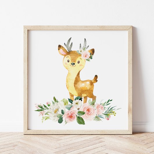 Deer, Woodland Animals, Boho, Roze Bloemen Poster