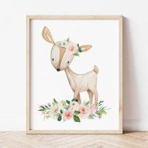 Deer, Woodland Animals, Boho, Roze Bloemen