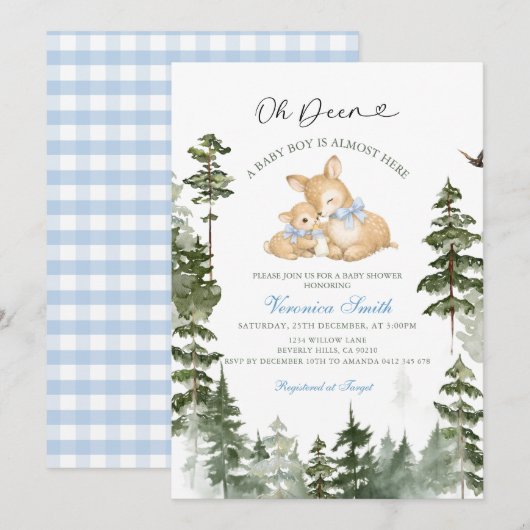 Deer  Woodland Baby Boy Shower Invitation Kaart (Voorkant / Achterkant)