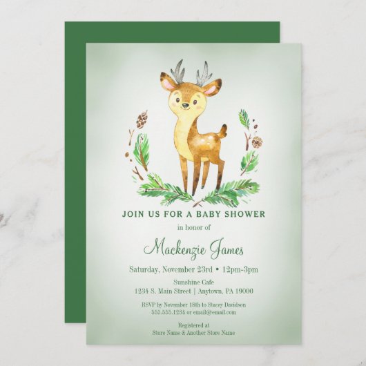 Deer Woodland Baby shower Invitation Green Kaart (Voorkant / Achterkant)