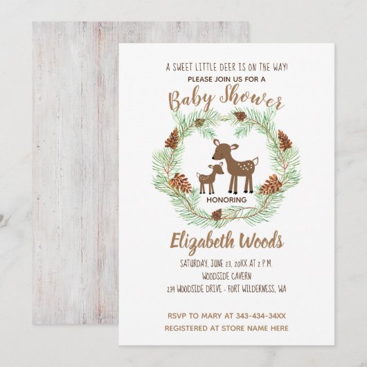Deer Woodland Pine Forest Baby shower Invitation Kaart (Voorkant / Achterkant)