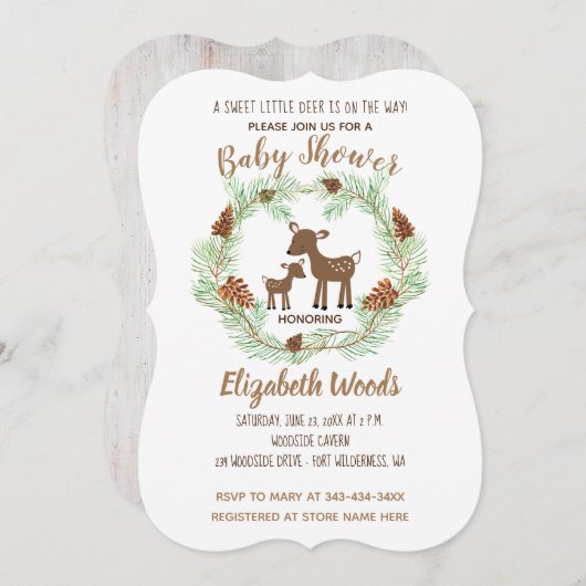 Deer Woodland Pine Forest Baby shower Invitation Kaart (Voorkant / Achterkant)