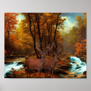 Deers by a Woodland Stream Poster