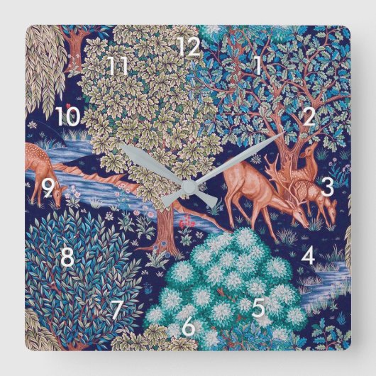 Deers in het bos, William Morris Vierkante Klok (Voorkant)