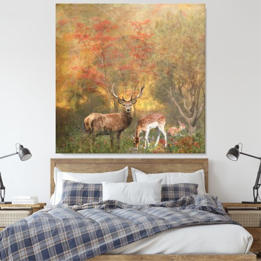 Deers in het najaar poster tapestry tripty canvas afdruk (Insitu (Slaapkamer))