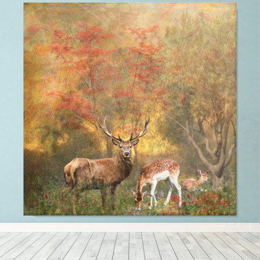 Deers in het najaar poster tapestry tripty canvas afdruk (Insitu (Houten vloer))