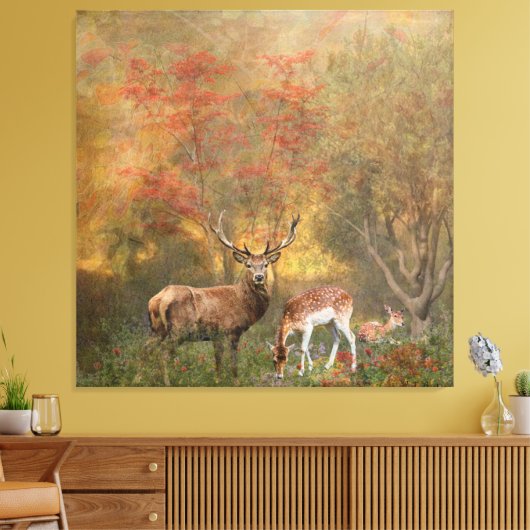 Deers in het najaar poster tapestry tripty canvas afdruk (Insitu (Woonkamer))
