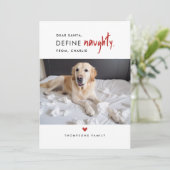 Definieer ondeugend | Funny Dog Foto Kerstmis Kaar Feestdagenkaart (Staand voorkant)