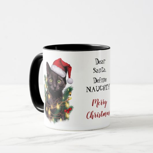 Definieer ondeugende kat die in kerstverlichting i mok (Voorkant links)