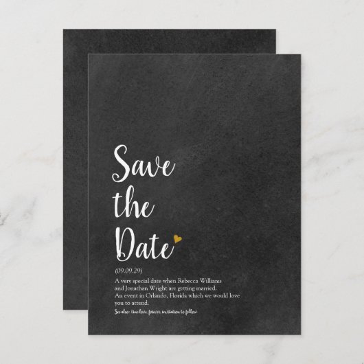 Definitie van 'Gold Heart Script Save the Date' Aankondigingskaart (Voorkant / Achterkant)