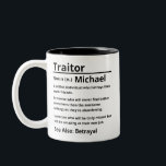 Definitie van Verrader Tweekleurige Koffiemok<br><div class="desc">Het “Verrader”-ontwerp is een humoristische afscheidsgroet voor een collega die het team verlaat, met een mengeling van sarcasme, genegenheid en aanmoediging. Het is perfect voor degenen die naar een nieuwe baan gaan en herinnert hen aan de liefde en steun die ze zullen ontvangen.</div>