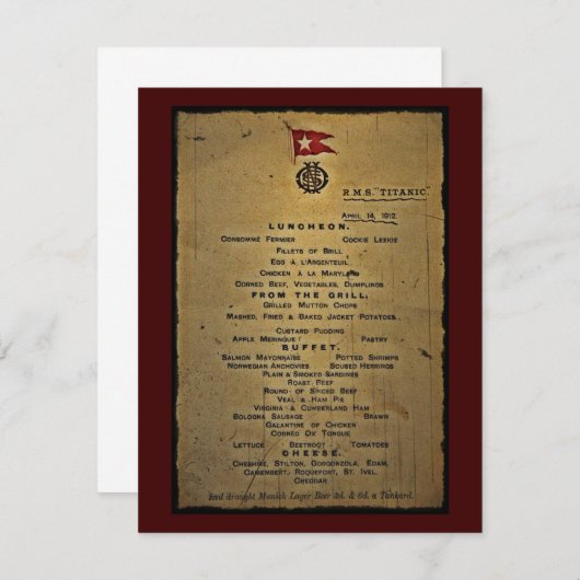 Definitief menu RMS Titanic Kaart (Voorkant / Achterkant)