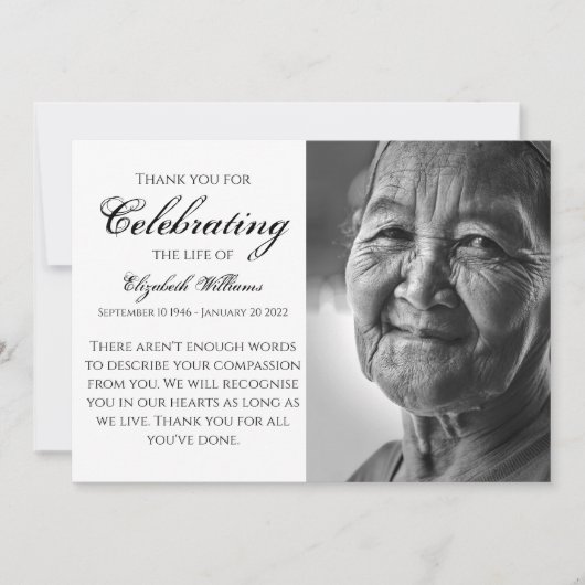 Deft Black Calligraphy Celebration of Life Funeral Bedankkaart (Voorkant)