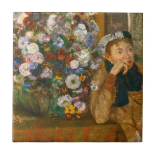 Degas Een Vrouw Zittend Naast een Vaas van Bloemen Tegeltje