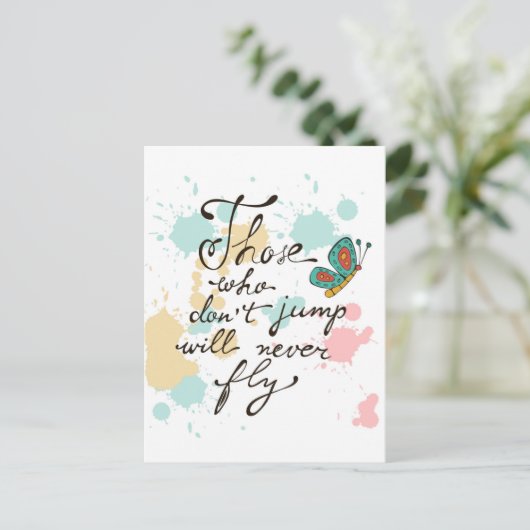 Degenen die niet springen zullen nooit vliegen briefkaart (Staand voorkant)
