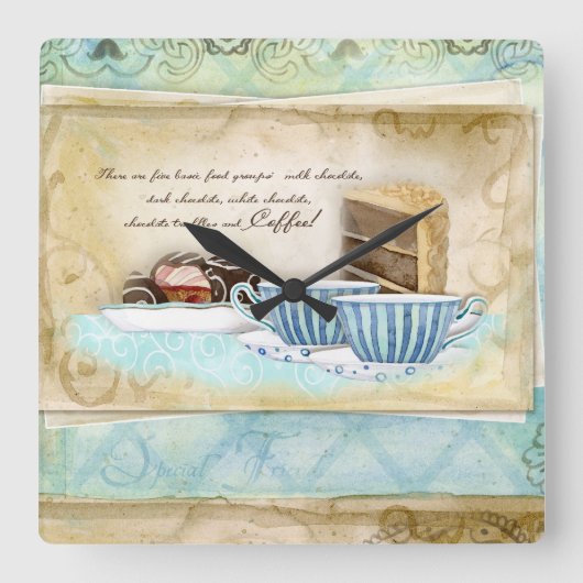 Deja Brew Coffee Cups, Snoep en Cake Dessert Art Vierkante Klok (Voorkant)