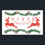 Dek de Halls MERRY CHRISTMAS Rechthoekige Sticker<br><div class="desc">Groene Garland Swags met rode bessen,  rendieren en een MERRY CHRISTMAS-logo.</div>