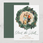 Dek de Halls Pine Wreath Holiday Fotokaart Feestdagenkaart (Voorkant / Achterkant)