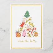 Dek de kerstboom in de zalen folie feestdagenkaart (Voorkant)