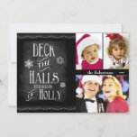 Dek het Halls Chalkboard met Kerstmis Feestdagenkaart<br><div class="desc">Het trendy Chalkboardkerstthema zegt Deck the Halls with Boughs of Holly. Deze moderne vakantieflatkaart heeft drie fotogebieden klaar voor uw geüploade foto's. Pas de naam en datumtekst aan voor een persoonlijke aanraking. De kaart terug heeft de de stijlkerstboom van het krijtbord en tekst gezegde Vrolijk Kerstmis, maar de tekst kan...</div>