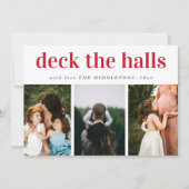 Dek het Halls Red Script Drie Photo Holiday Feestdagenkaart (Voorkant)