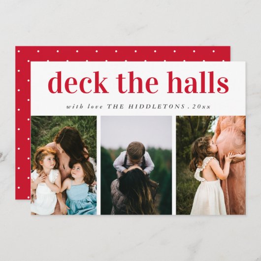 Dek het Halls Red Script Drie Photo Holiday Feestdagenkaart (Voorkant / Achterkant)