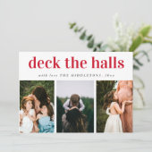 Dek het Halls Red Script Drie Photo Holiday Feestdagenkaart (Staand voorkant)