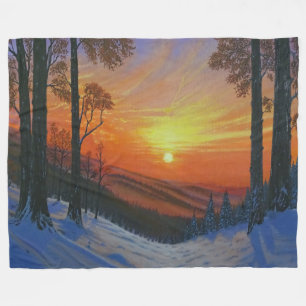 Deken - "Zonsondergang over Besneeuwd Bos"