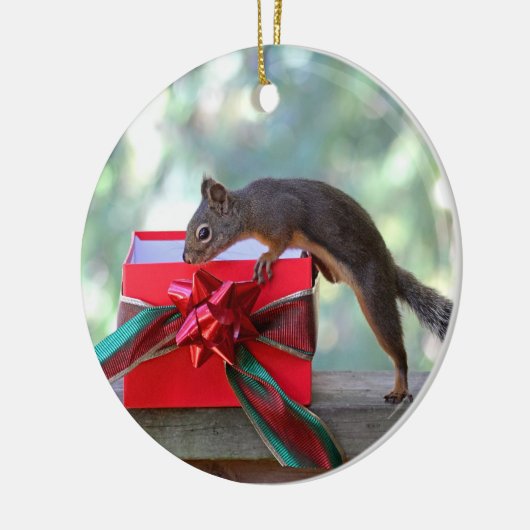 Dekhoorn kerstcadeaupresentatie keramisch ornament (Links)