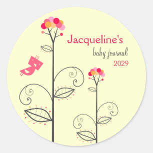 Dekke vogel en roze Stippen bloem Baby Bladplaat Ronde Sticker