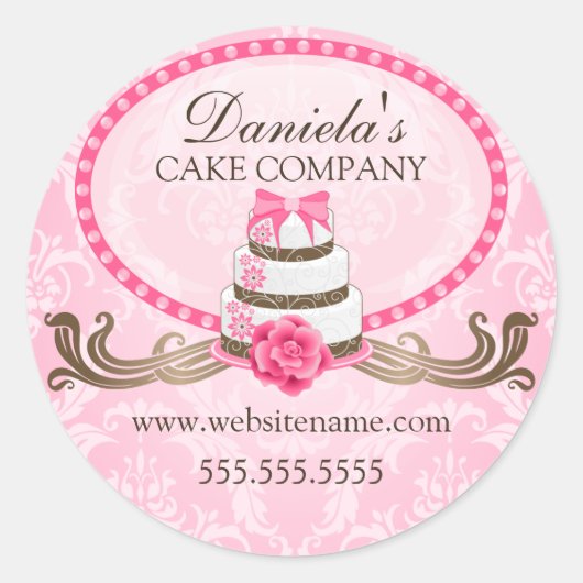 Dekking van Elegant Cake en Damask Bakery Box Ronde Sticker (Voorkant)