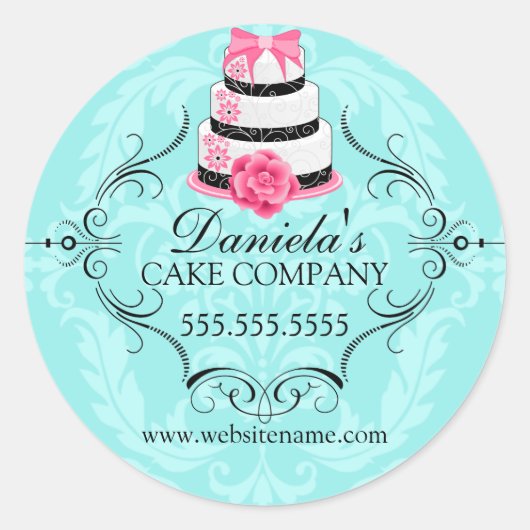 Dekking van Elegant Cake en Damask Bakery Box Ronde Sticker (Voorkant)