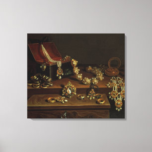 Deksel van juwelen op tafel canvas afdruk
