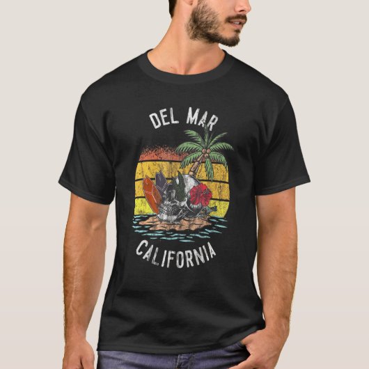 Del Mar Beach California Palms Skull Surf Sunset V T-shirt (Voorkant)