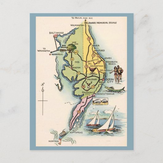 Del-Mar-Va Oude Landkaart Briefkaart (Voorkant)