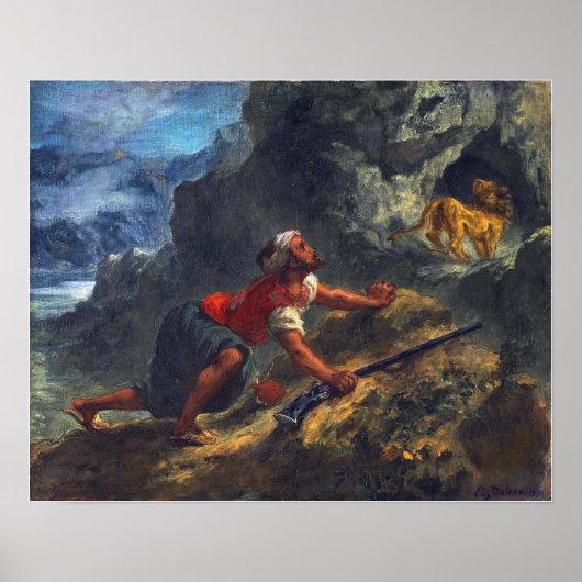 Delacroix - Arabier die een leeuw besluipt Poster (Voorkant)