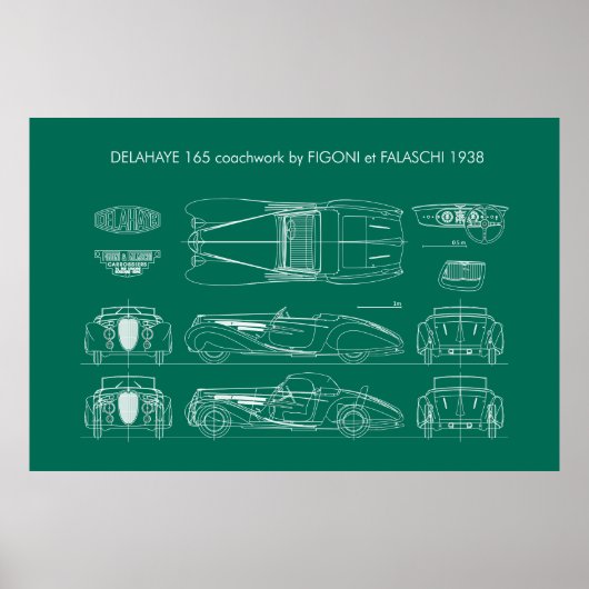 Delahaye 165 Figoni et Falaschi Blueprint Poster (Voorkant)