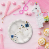 Delaicate blauwe gouden bloemen gouden kruis doop papieren bordje (Feest)